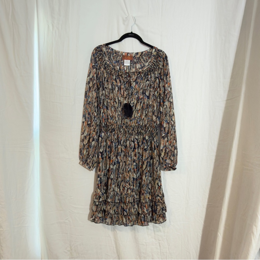 Scully Mini Dress Smocked Waist S Cowgirl Western Boho Tiered Ruffle Feathers